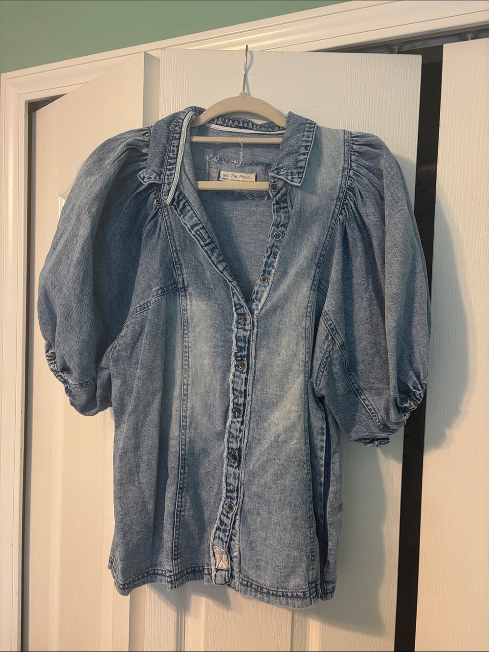 Free People Washed Denim Button-Down Puff Sleeve Shirt - Light Blue